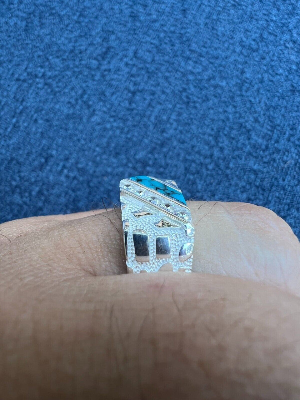 HarlemBling Real Solid 925 Silver Nugget Blue Turquoise Iced CZ Ring Hip Hop Pinky Anillo