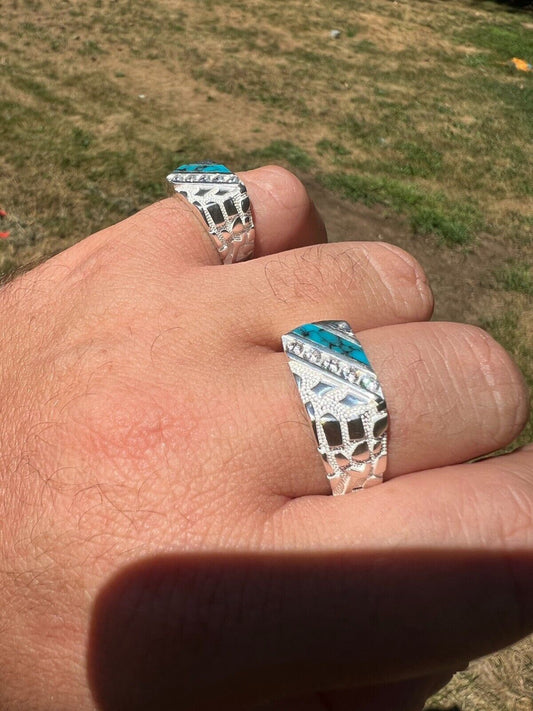 HarlemBling Real Solid 925 Silver Nugget Blue Turquoise Iced CZ Ring Hip Hop Pinky Anillo