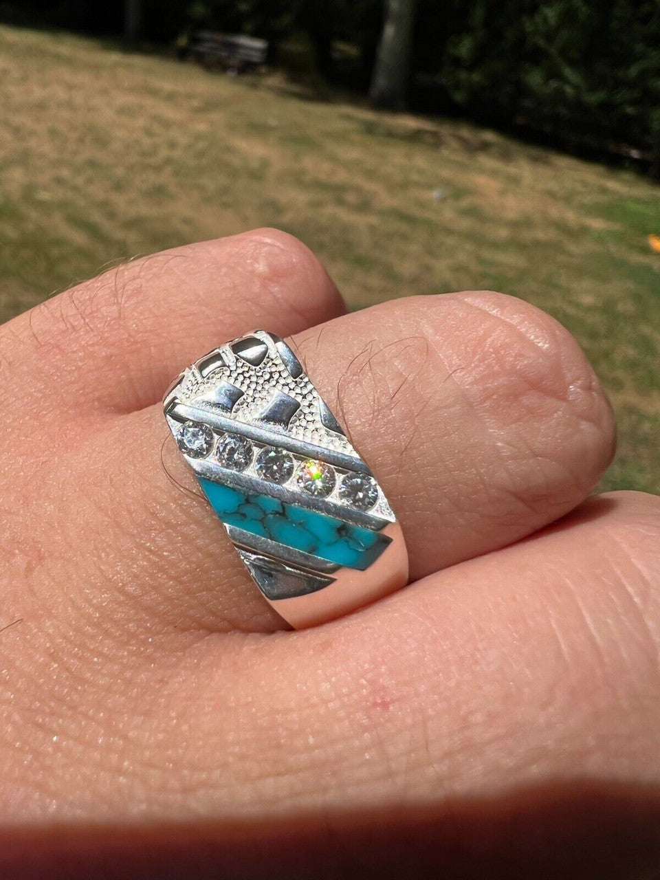 HarlemBling Real Solid 925 Silver Nugget Blue Turquoise Iced CZ Ring Hip Hop Pinky Anillo