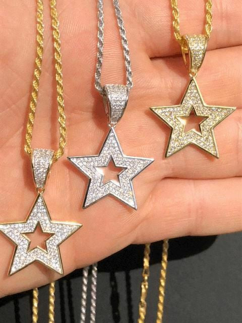 HarlemBling Real Solid 925 Silver Super STAR Pendant Hip Hop Iced Icy Diamond 14k Gold SHINY