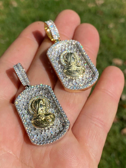 HarlemBling Real Solid 925 Silver Virgin Mary Iced Baguette Diamond DogTag Pendant Necklace