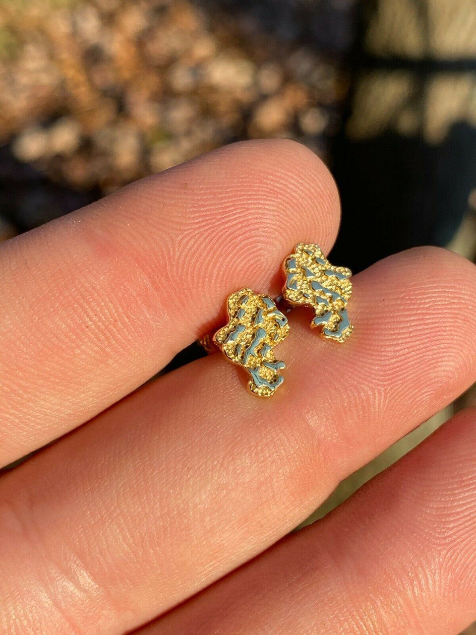 HarlemBling Real Solid 925 Sterling Silver 14k Finish Men Ladies Gold Nugget Earrings Studs