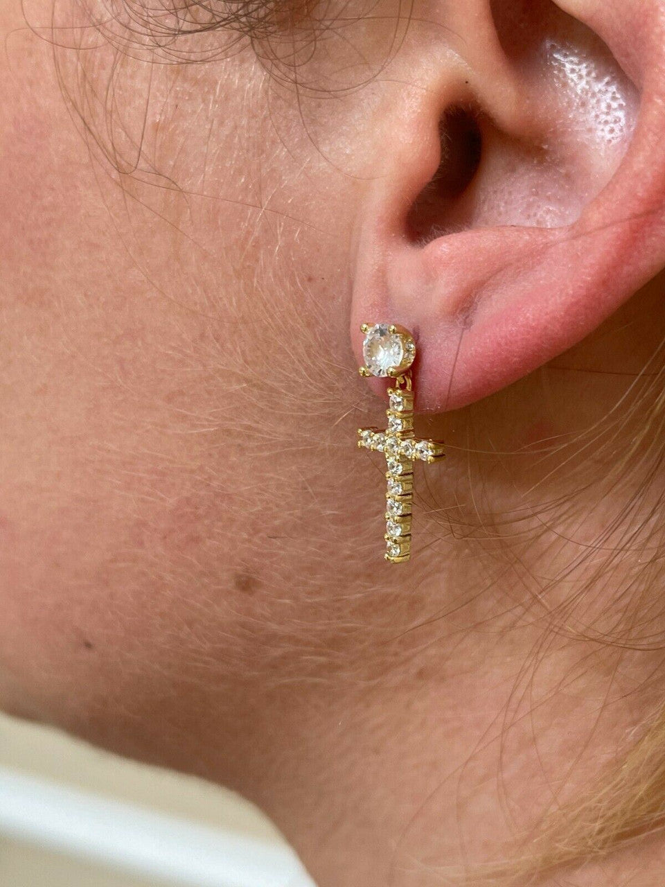 HarlemBling Real Solid 925 Sterling Silver 14k Gold Dangle Cross Studs Earrings Iced Diamond