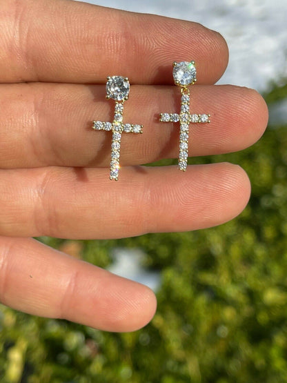 HarlemBling Real Solid 925 Sterling Silver 14k Gold Dangle Cross Studs Earrings Iced Diamond