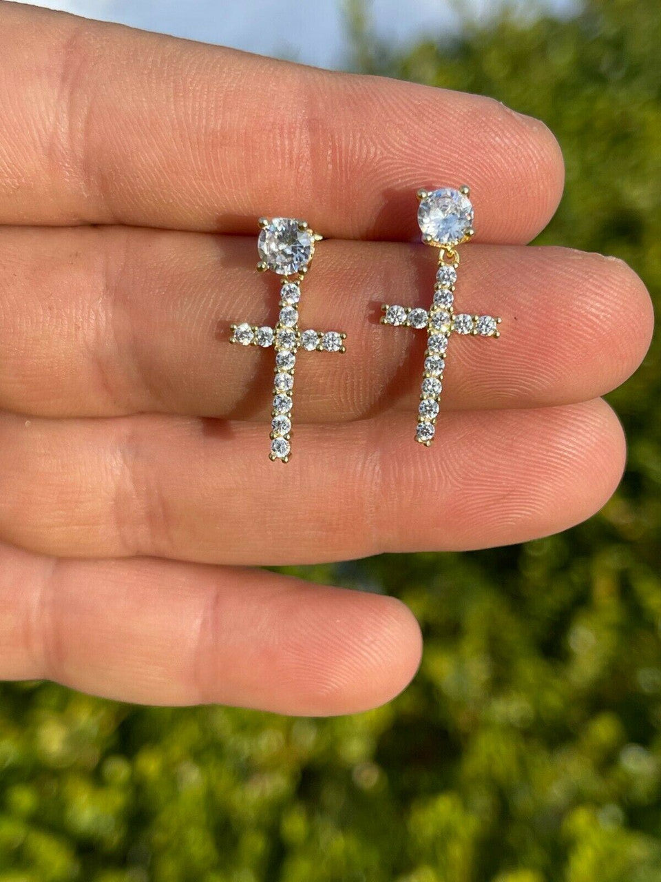 HarlemBling Real Solid 925 Sterling Silver 14k Gold Dangle Cross Studs Earrings Iced Diamond