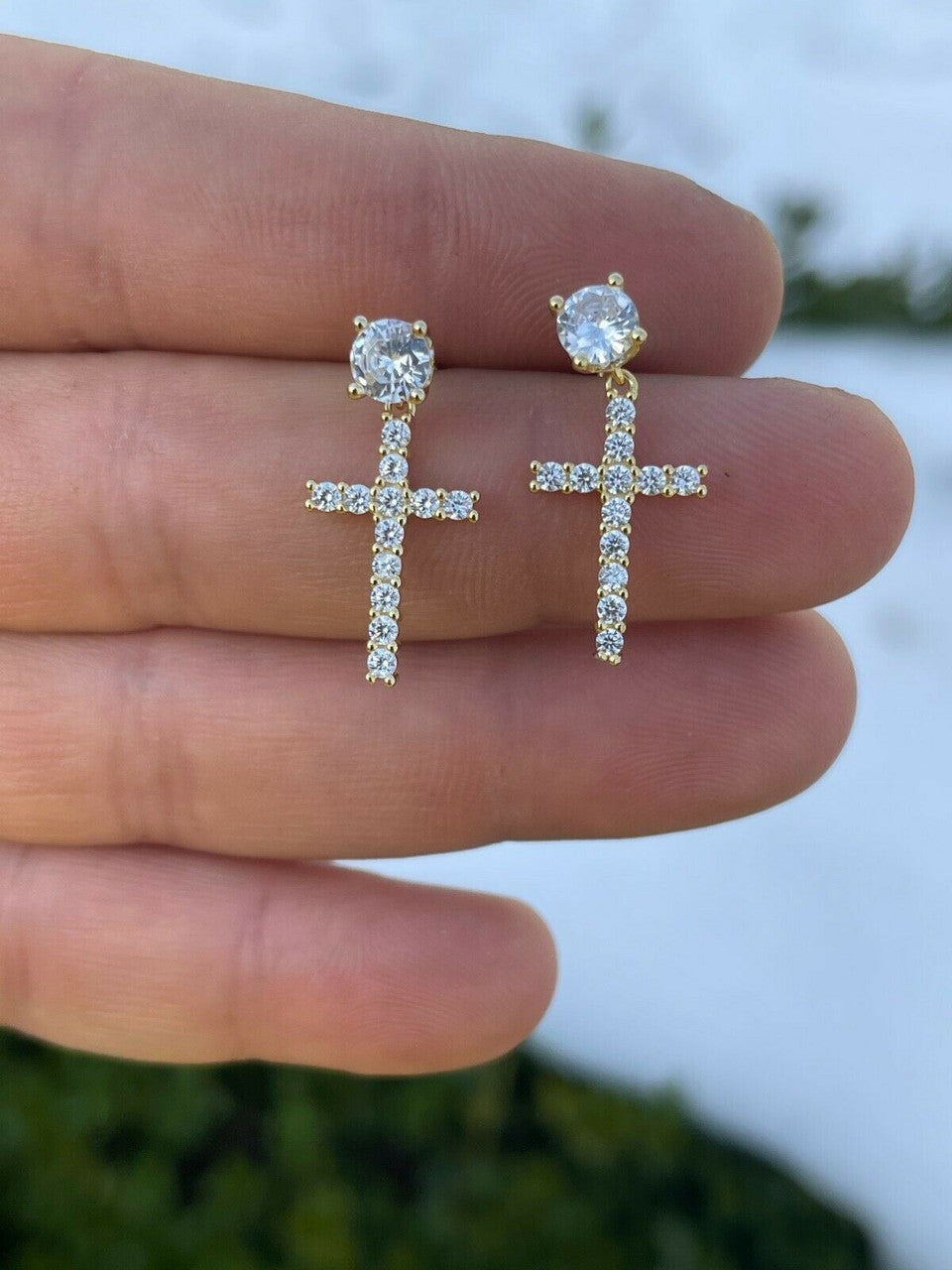 HarlemBling Real Solid 925 Sterling Silver 14k Gold Dangle Cross Studs Earrings Iced Diamond