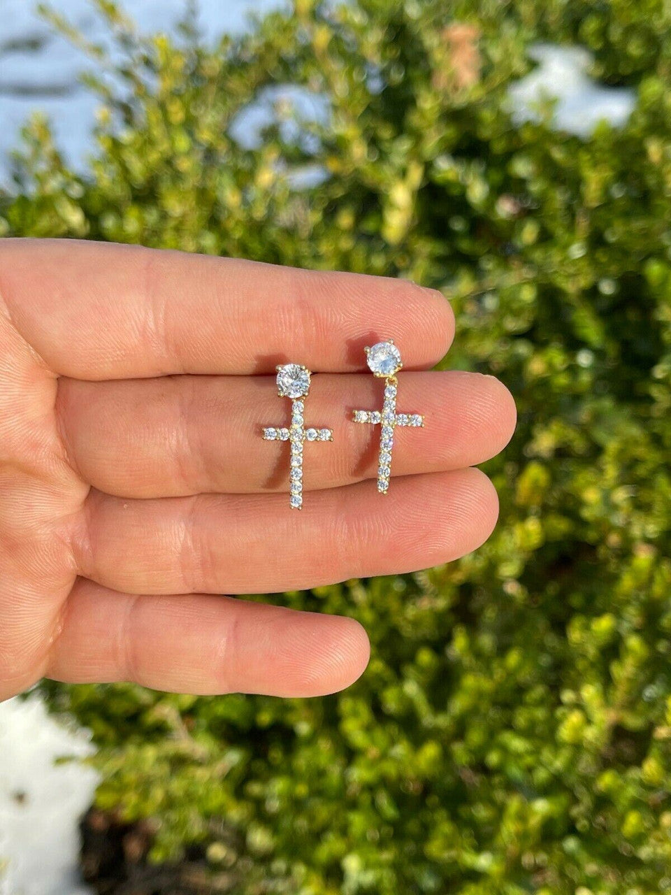 HarlemBling Real Solid 925 Sterling Silver 14k Gold Dangle Cross Studs Earrings Iced Diamond