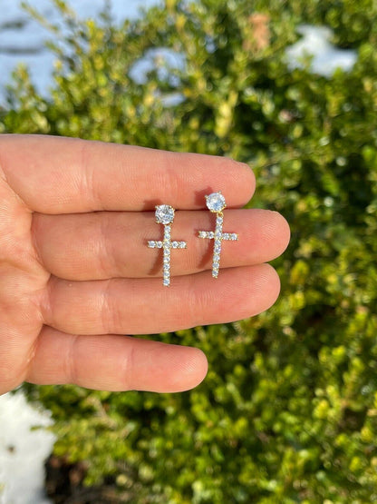 HarlemBling Real Solid 925 Sterling Silver 14k Gold Dangle Cross Studs Earrings Iced Diamond