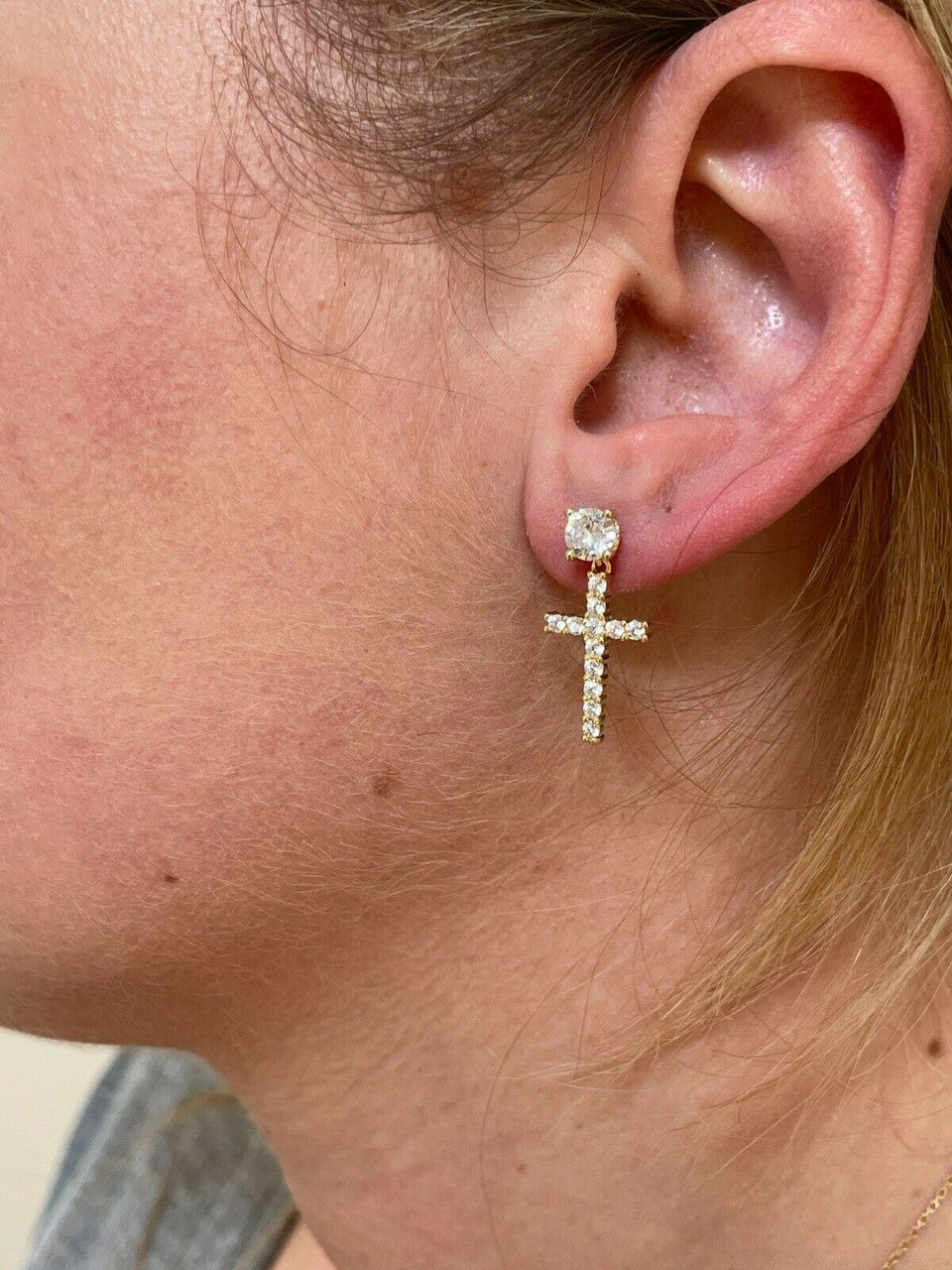 HarlemBling Real Solid 925 Sterling Silver 14k Gold Dangle Cross Studs Earrings Iced Diamond
