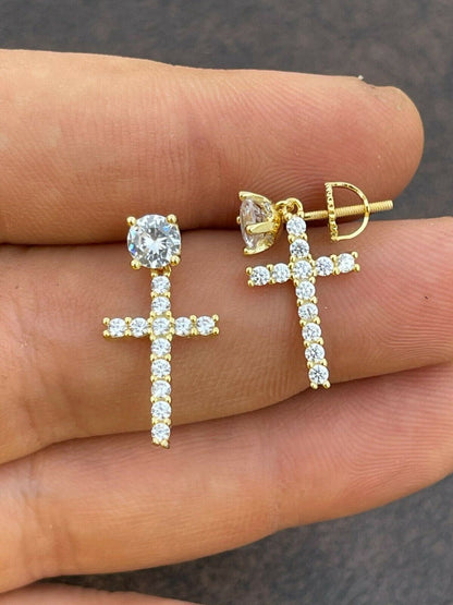 HarlemBling Real Solid 925 Sterling Silver 14k Gold Dangle Cross Studs Earrings Iced Diamond