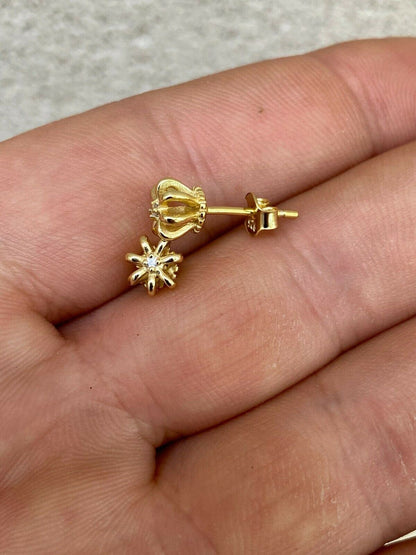 HarlemBling Real Solid 925 Sterling Silver 14k Gold Finish Crown Shape Earrings Small Studs
