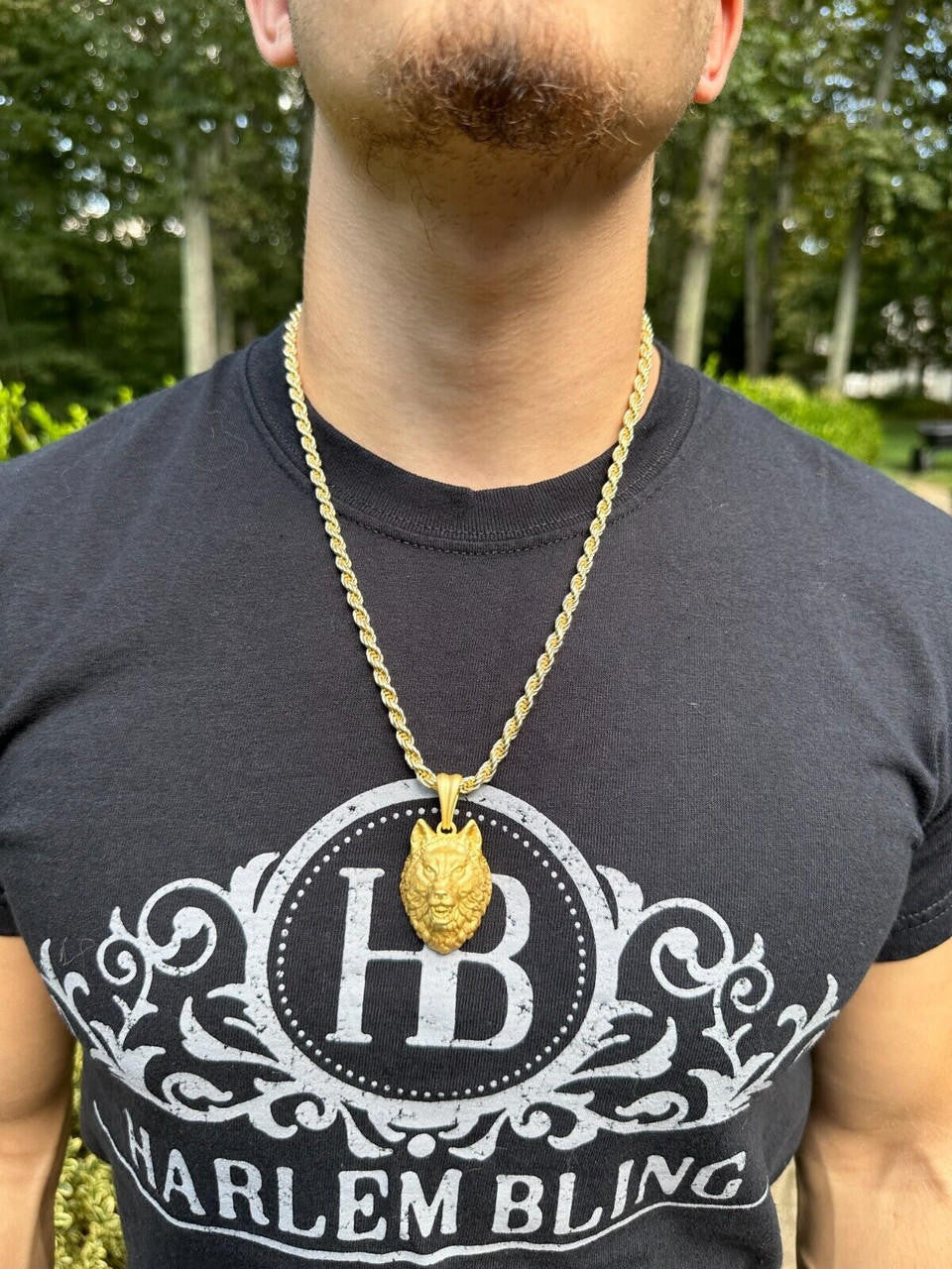 HarlemBling Real Solid 925 Sterling Silver / 14k Gold Wolf Head High Detailed Pendant Matte