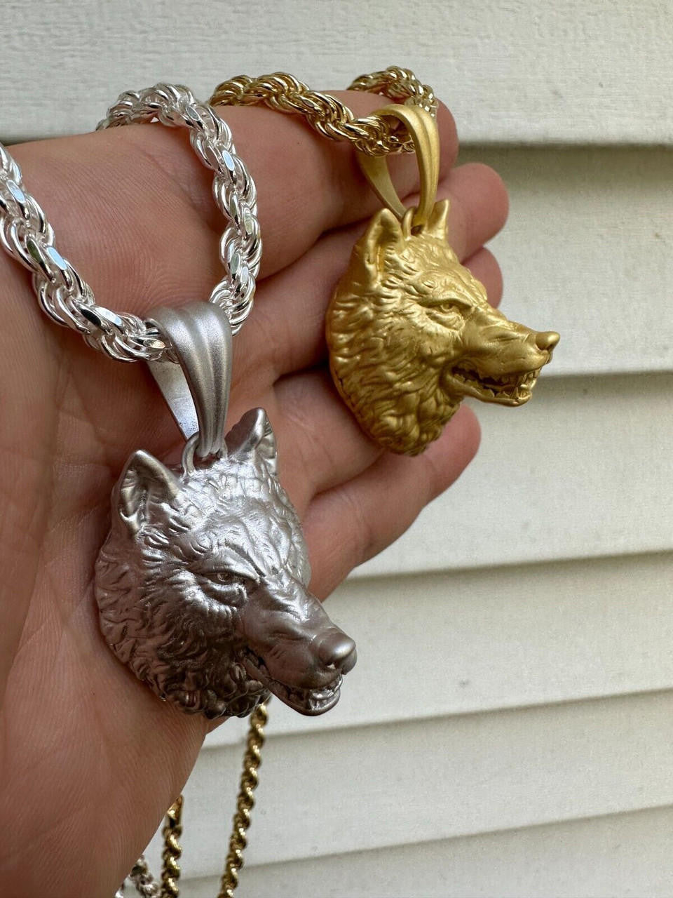HarlemBling Real Solid 925 Sterling Silver / 14k Gold Wolf Head High Detailed Pendant Matte