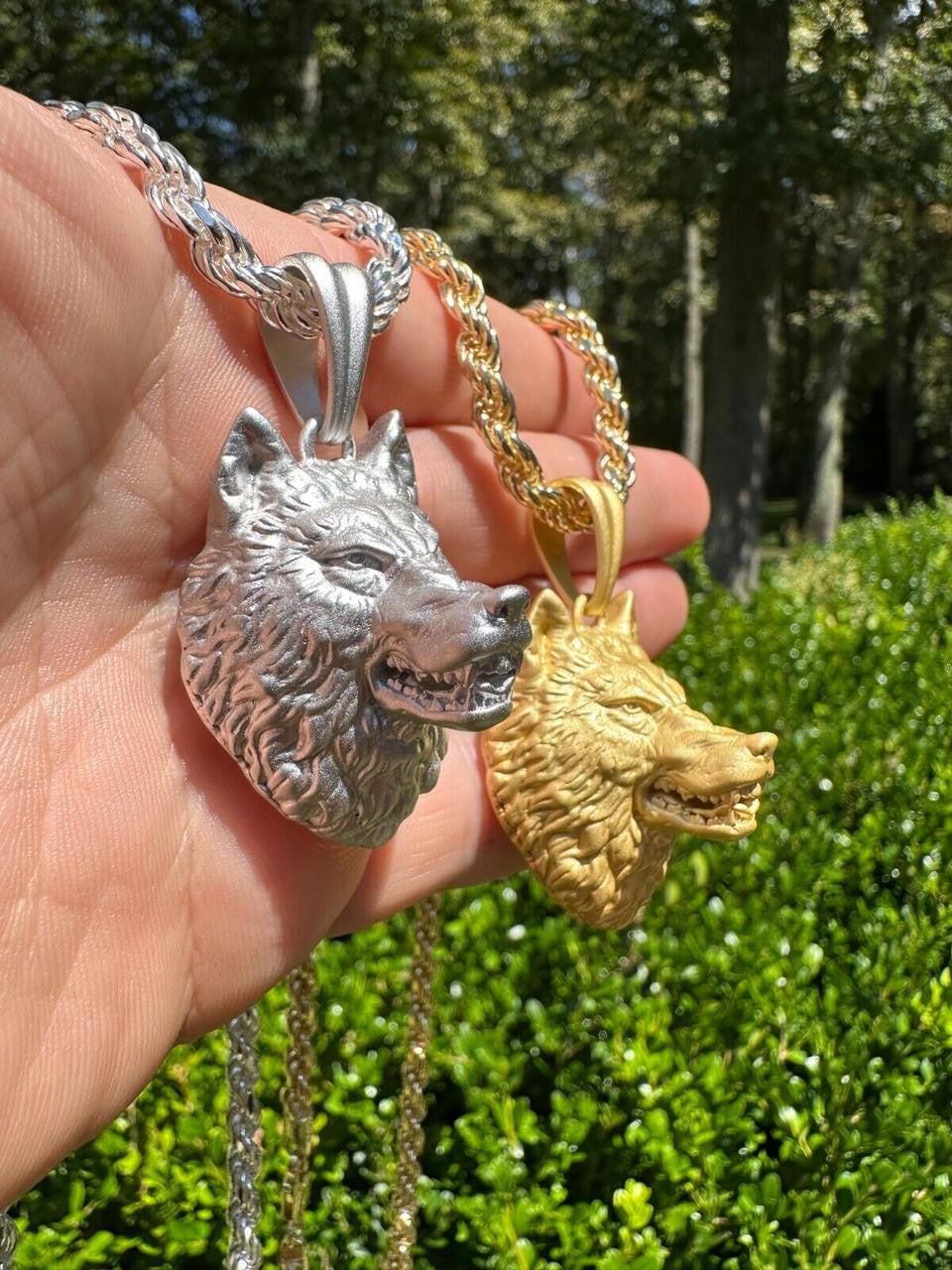 HarlemBling Real Solid 925 Sterling Silver / 14k Gold Wolf Head High Detailed Pendant Matte