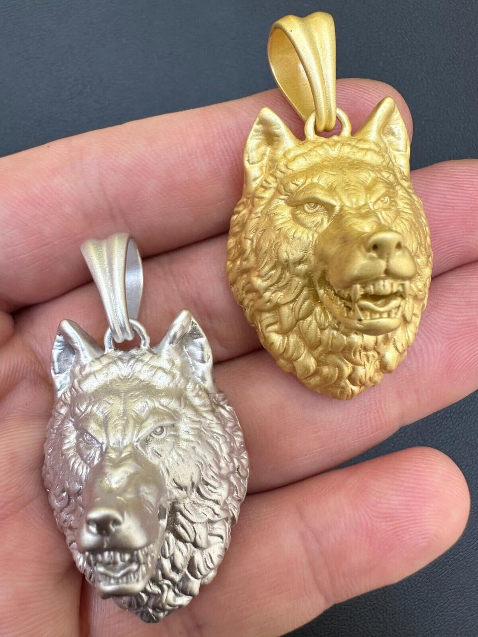 HarlemBling Real Solid 925 Sterling Silver / 14k Gold Wolf Head High Detailed Pendant Matte