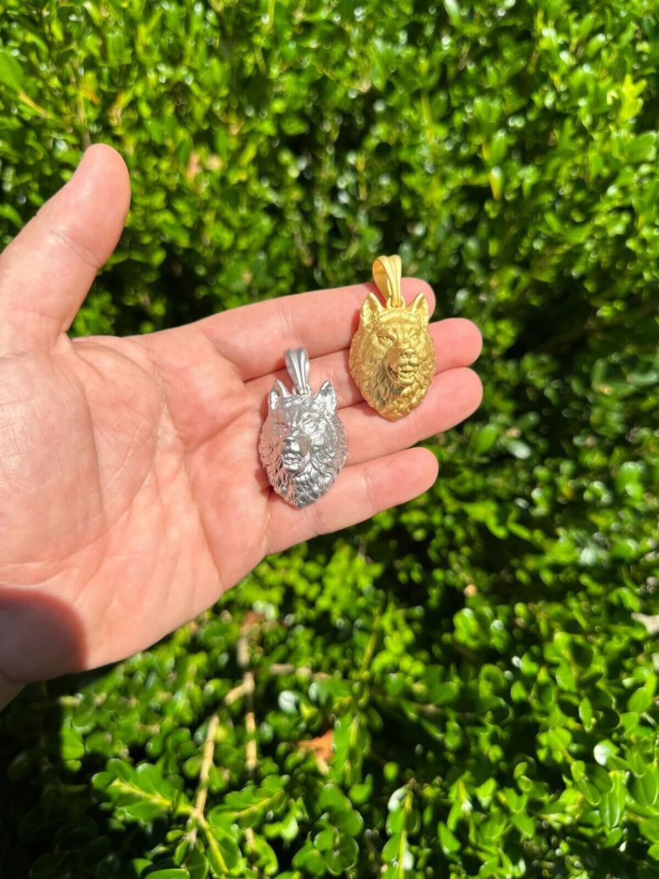 HarlemBling Real Solid 925 Sterling Silver / 14k Gold Wolf Head High Detailed Pendant Matte