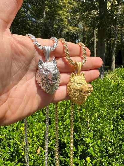 HarlemBling Real Solid 925 Sterling Silver / 14k Gold Wolf Head High Detailed Pendant Matte