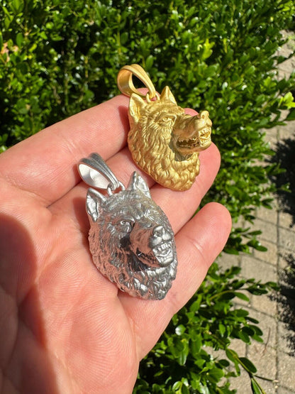 HarlemBling Real Solid 925 Sterling Silver / 14k Gold Wolf Head High Detailed Pendant Matte