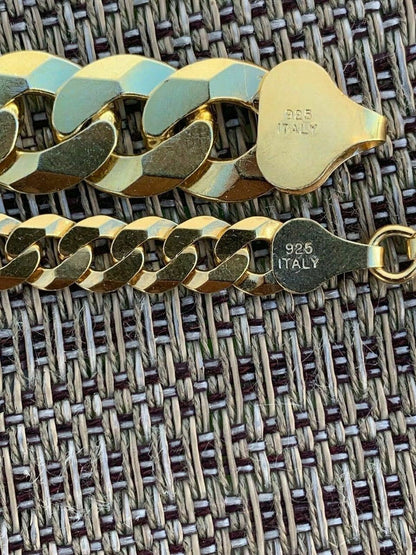 HarlemBling Real Solid 925 Sterling Silver and 14k Gold Diamond Cut Flat Miami Cuban Bracelet