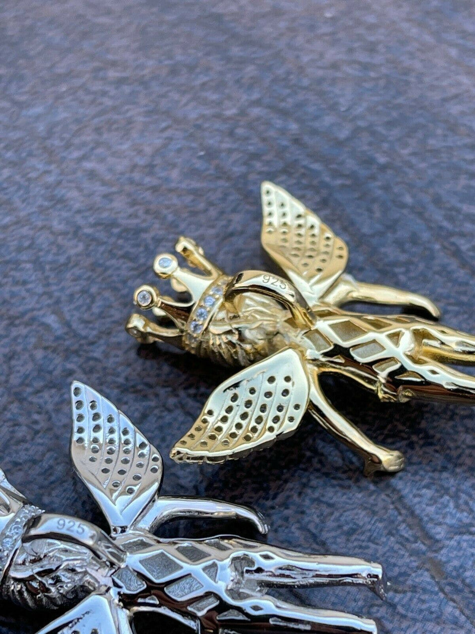 HarlemBling Real Solid 925 Sterling Silver Angel Pendant W Crown Mens Hip Hop Necklace Iced
