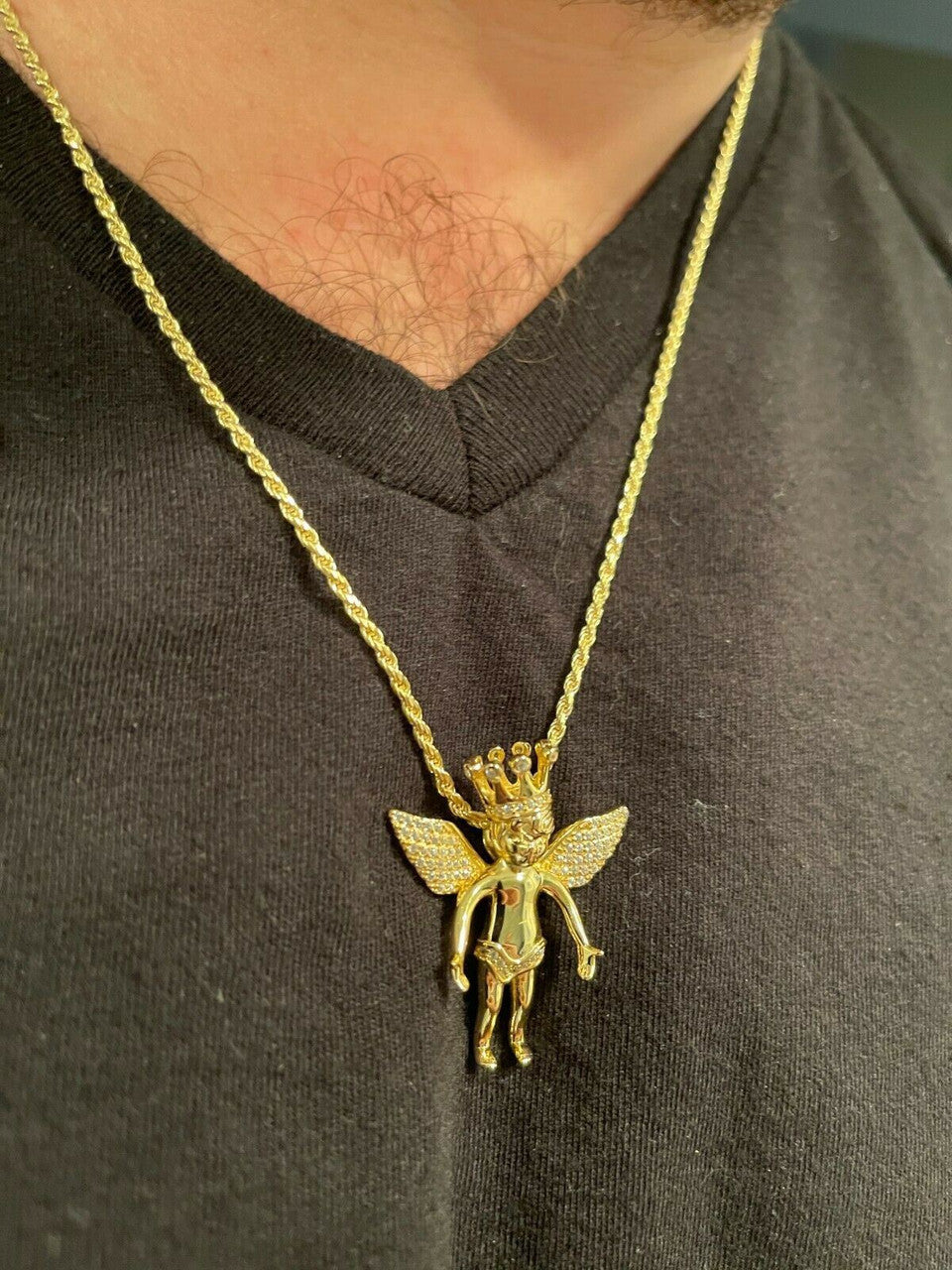 HarlemBling Real Solid 925 Sterling Silver Angel Pendant W Crown Mens Hip Hop Necklace Iced