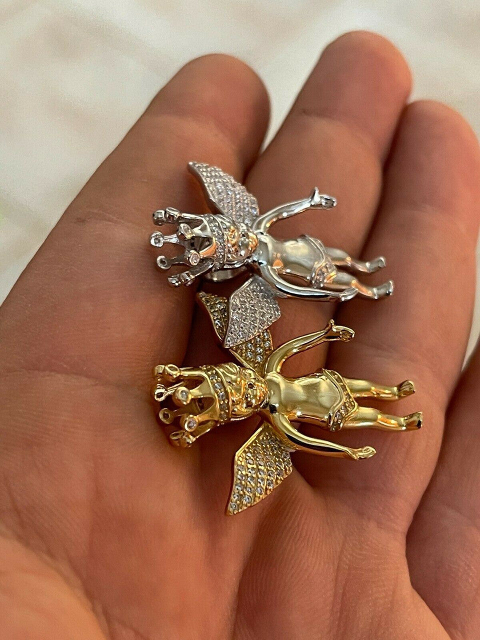 HarlemBling Real Solid 925 Sterling Silver Angel Pendant W Crown Mens Hip Hop Necklace Iced
