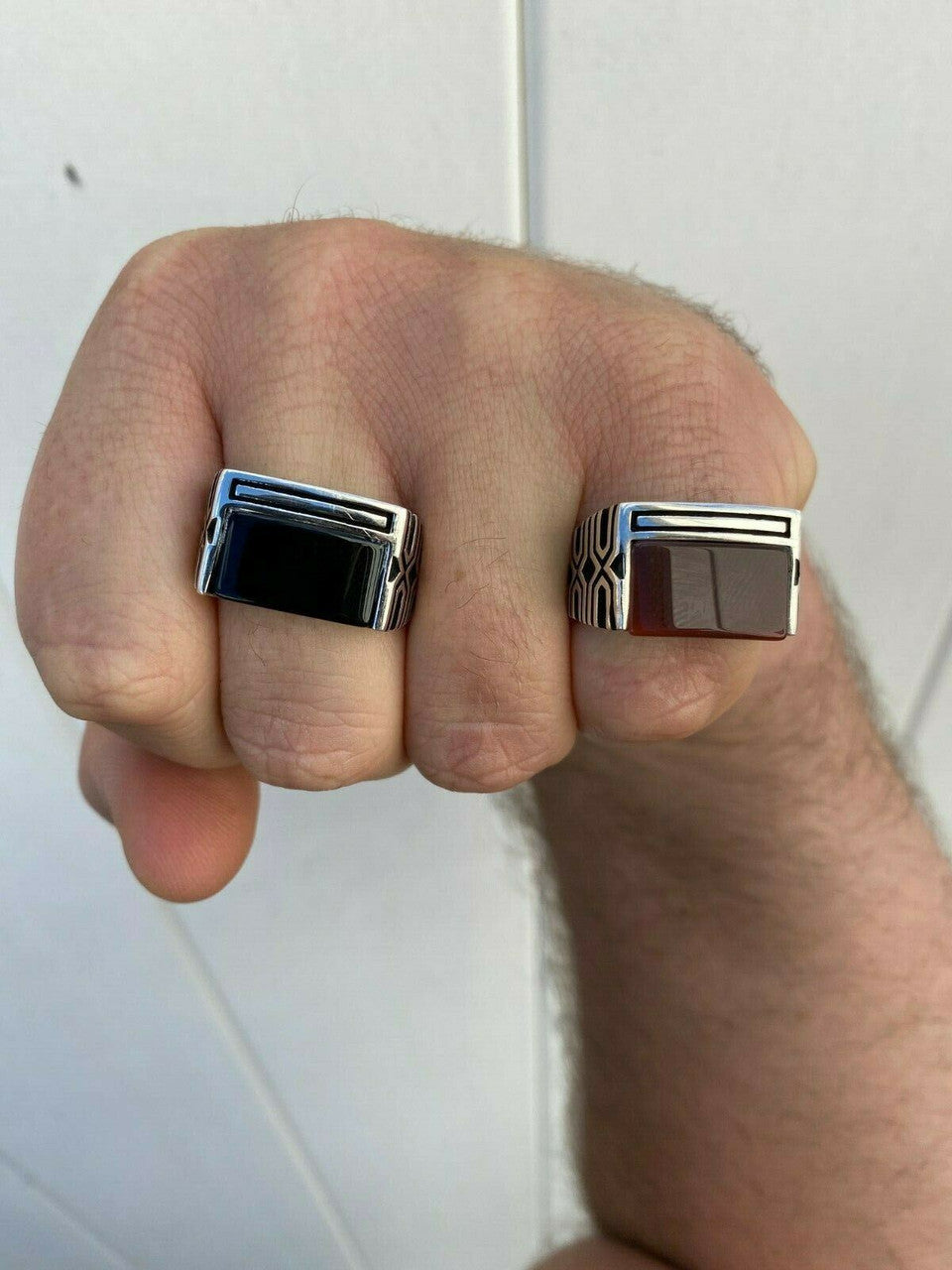 HarlemBling Real Solid 925 Sterling Silver Black Onyx Green Or Red Agate Mens Stone Ring