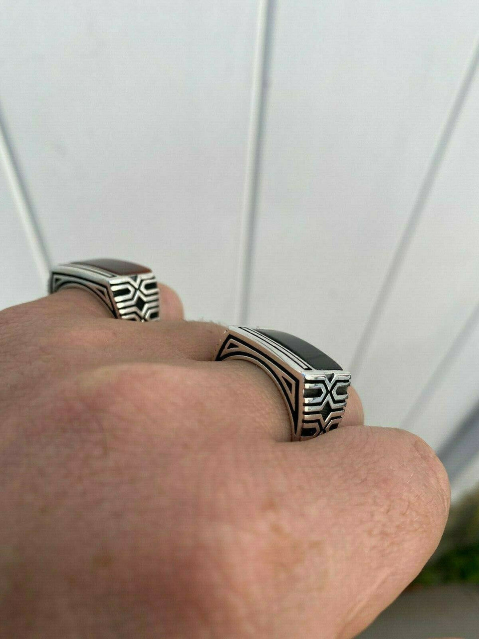 HarlemBling Real Solid 925 Sterling Silver Black Onyx Green Or Red Agate Mens Stone Ring