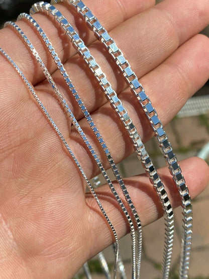 HarlemBling Real Solid 925 Sterling Silver Box Chain 1-4mm Necklace Men Ladies 16-30 ITALY