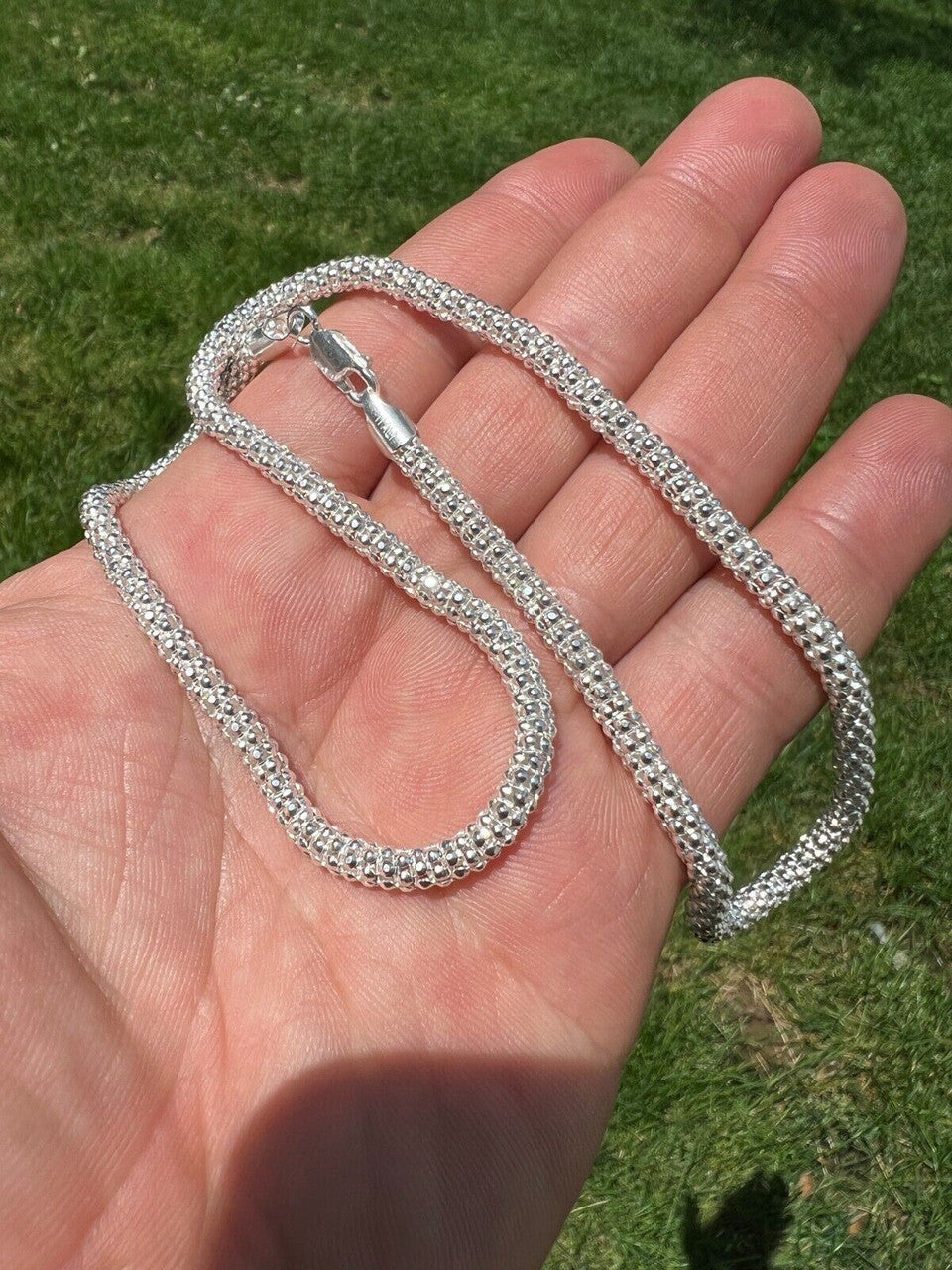 HarlemBling Real Solid 925 Sterling Silver Diamond Cut Popcorn Mesh Chain Necklace Coreana