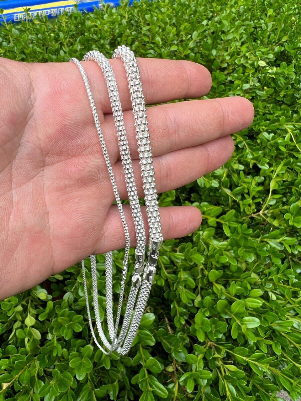 HarlemBling Real Solid 925 Sterling Silver Diamond Cut Popcorn Mesh Chain Necklace Coreana