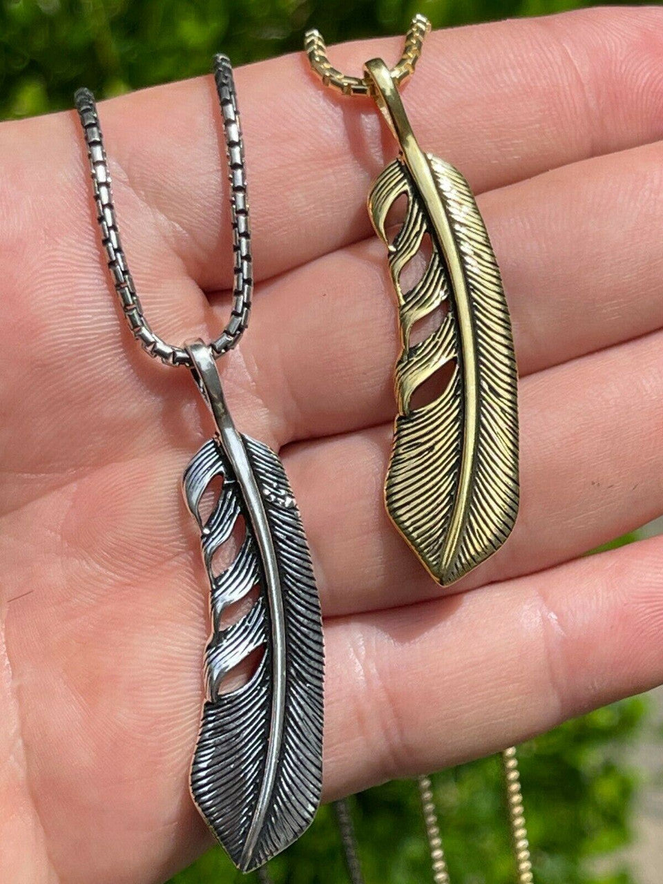 HarlemBling Real Solid 925 Sterling Silver Eagle Feather Pendant Necklace Gold Mens Womens