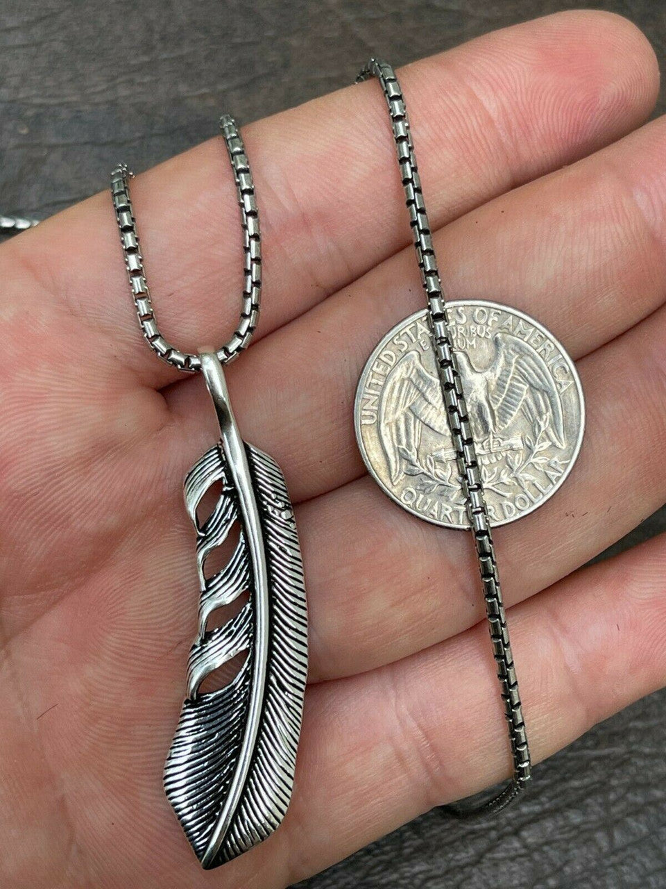 HarlemBling Real Solid 925 Sterling Silver Eagle Feather Pendant Necklace Gold Mens Womens