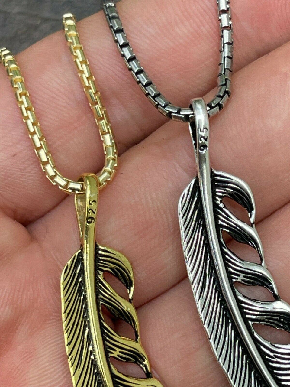 HarlemBling Real Solid 925 Sterling Silver Eagle Feather Pendant Necklace Gold Mens Womens