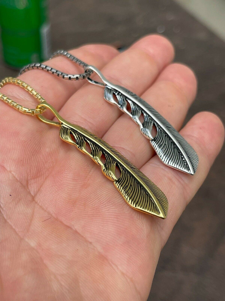 HarlemBling Real Solid 925 Sterling Silver Eagle Feather Pendant Necklace Gold Mens Womens