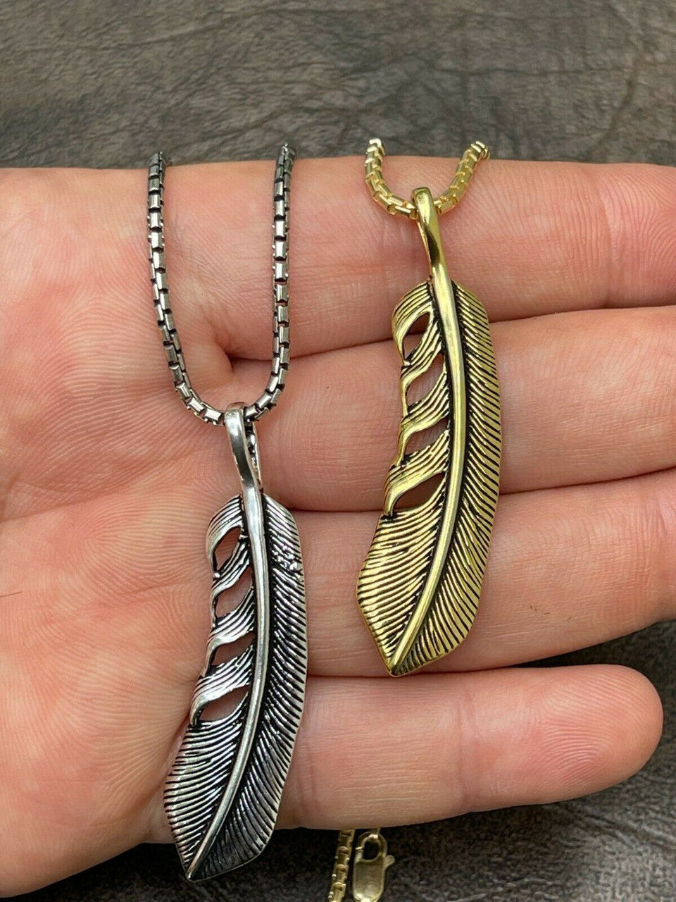 HarlemBling Real Solid 925 Sterling Silver Eagle Feather Pendant Necklace Gold Mens Womens