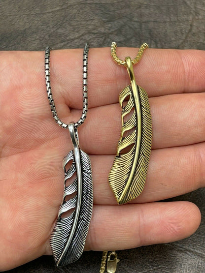 HarlemBling Real Solid 925 Sterling Silver Eagle Feather Pendant Necklace Gold Mens Womens