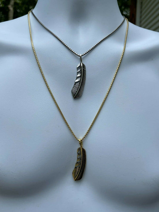 HarlemBling Real Solid 925 Sterling Silver Eagle Feather Pendant Necklace Gold Mens Womens
