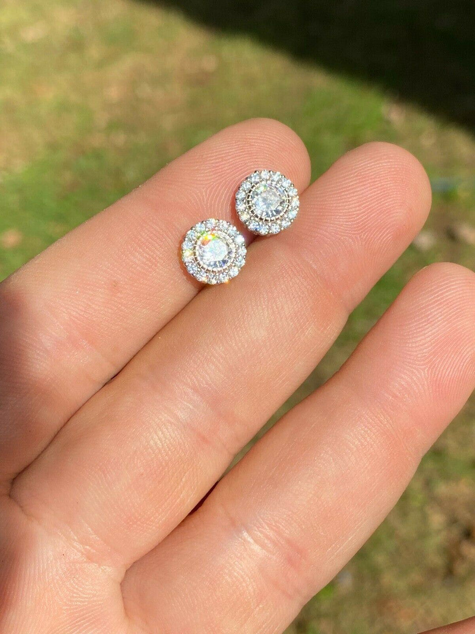 HarlemBling Real Solid 925 Sterling Silver Earrings 10mm Solitaire Round Studs Flashy HipHop