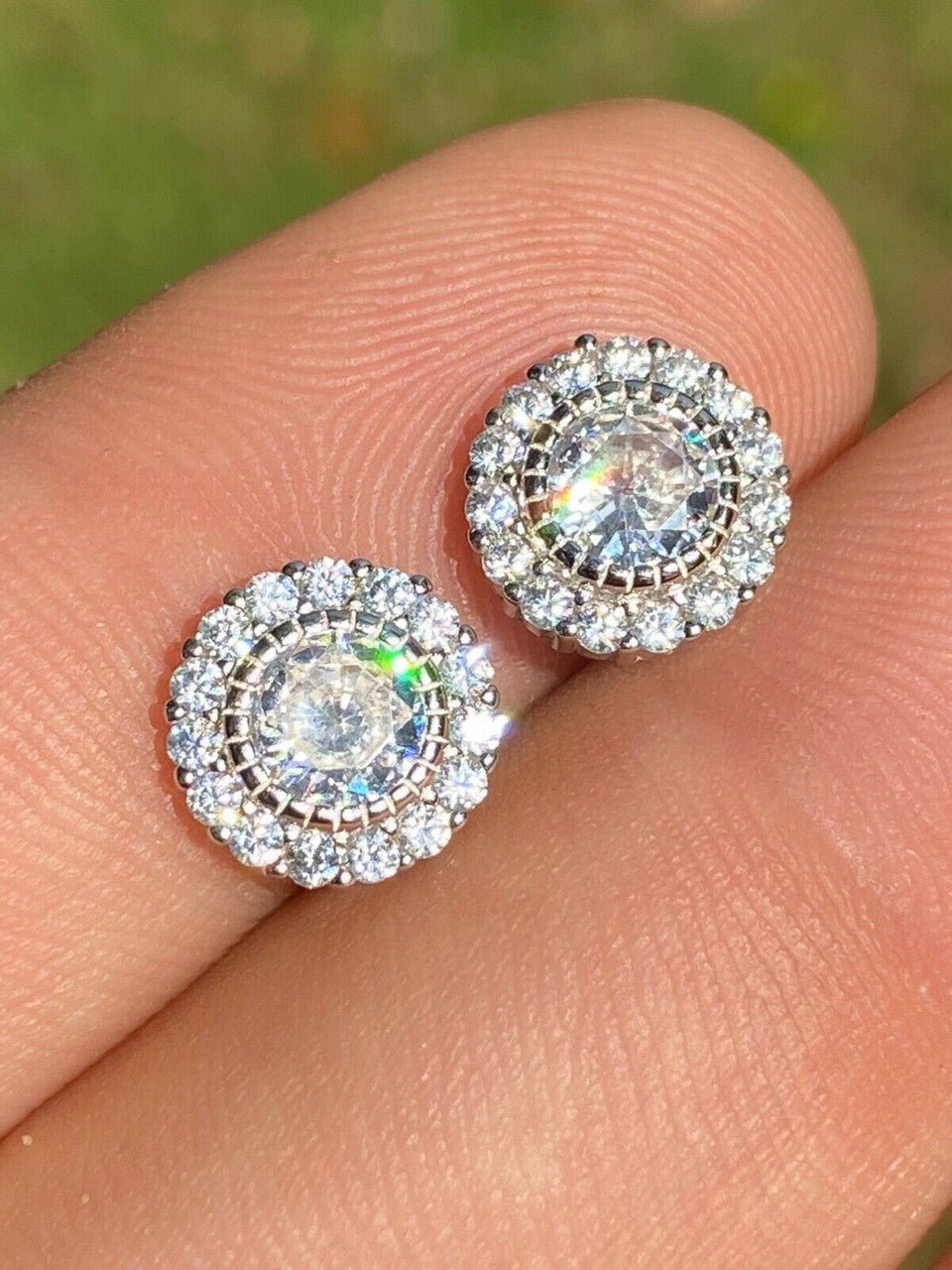 HarlemBling Real Solid 925 Sterling Silver Earrings 10mm Solitaire Round Studs Flashy HipHop