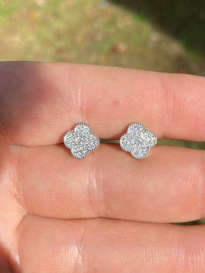 HarlemBling Real Solid 925 Sterling Silver Earrings Four Leaf Clover Flower Designer Studs