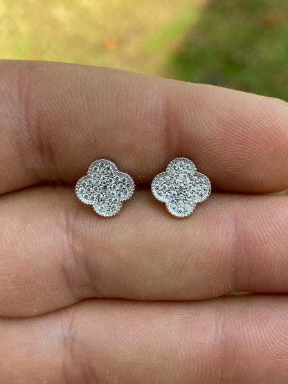 HarlemBling Real Solid 925 Sterling Silver Earrings Four Leaf Clover Flower Designer Studs