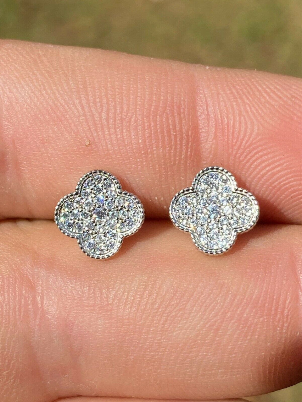 HarlemBling Real Solid 925 Sterling Silver Earrings Four Leaf Clover Flower Designer Studs