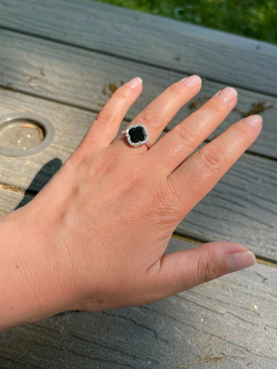 HarlemBling Real Solid 925 Sterling Silver Flower Clover Ring Black Onyx W Diamonds Sz 5-10