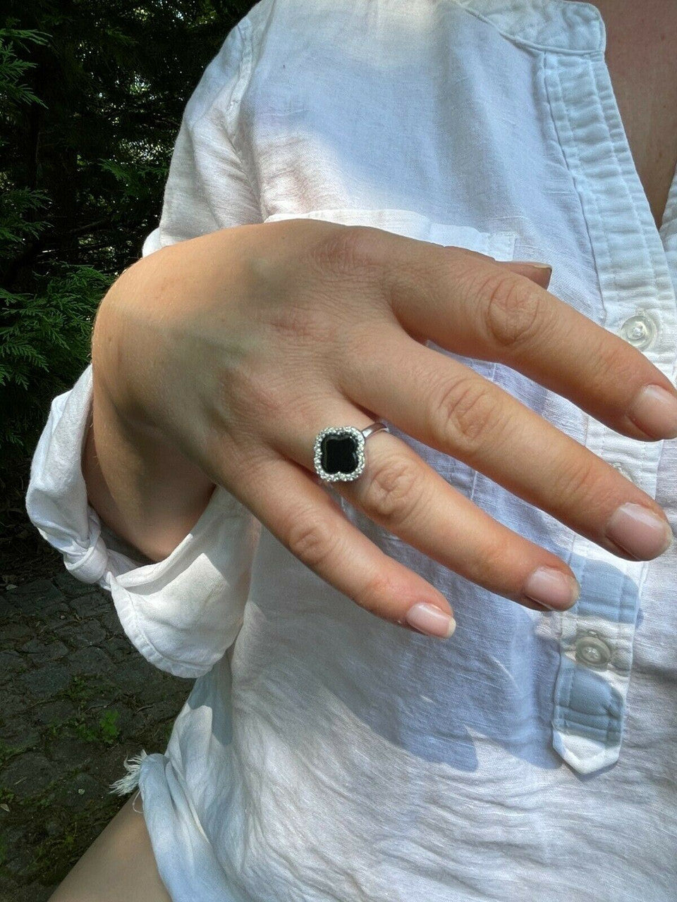 HarlemBling Real Solid 925 Sterling Silver Flower Clover Ring Black Onyx W Diamonds Sz 5-10