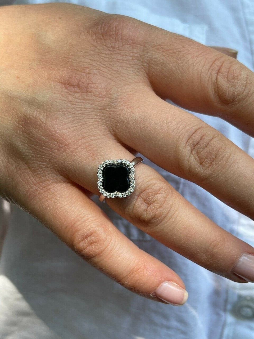 HarlemBling Real Solid 925 Sterling Silver Flower Clover Ring Black Onyx W Diamonds Sz 5-10