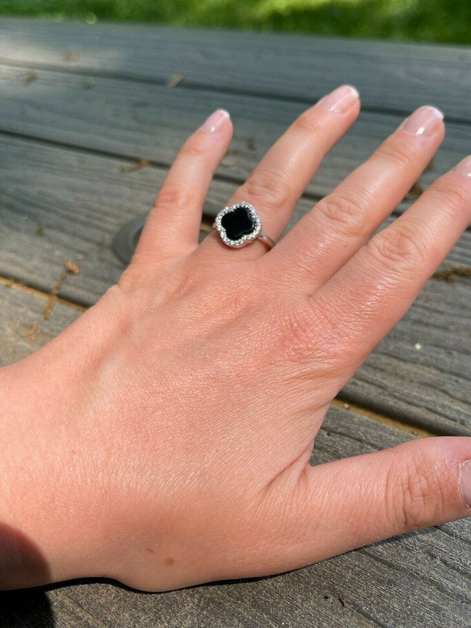 HarlemBling Real Solid 925 Sterling Silver Flower Clover Ring Black Onyx W Diamonds Sz 5-10