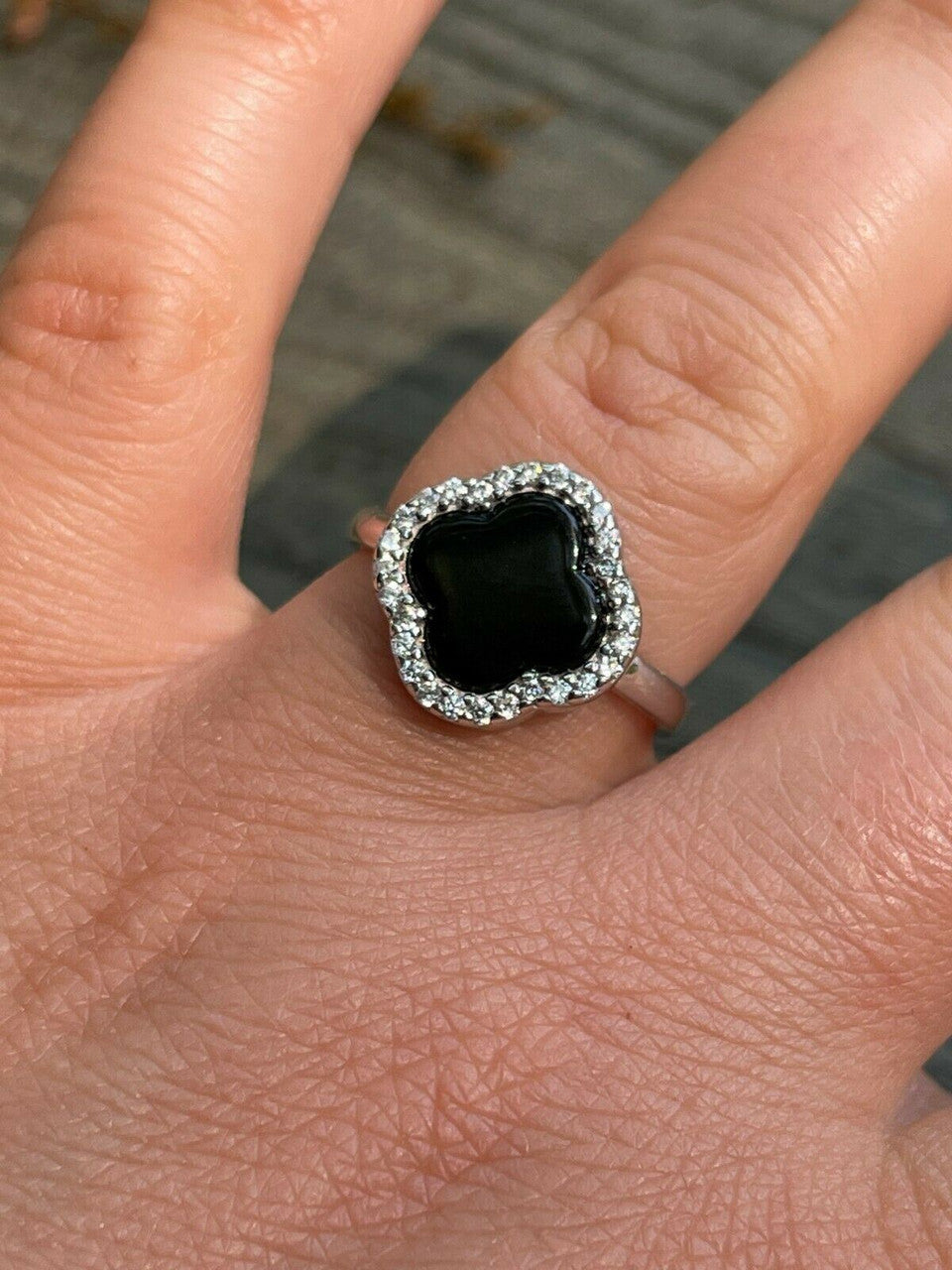 HarlemBling Real Solid 925 Sterling Silver Flower Clover Ring Black Onyx W Diamonds Sz 5-10