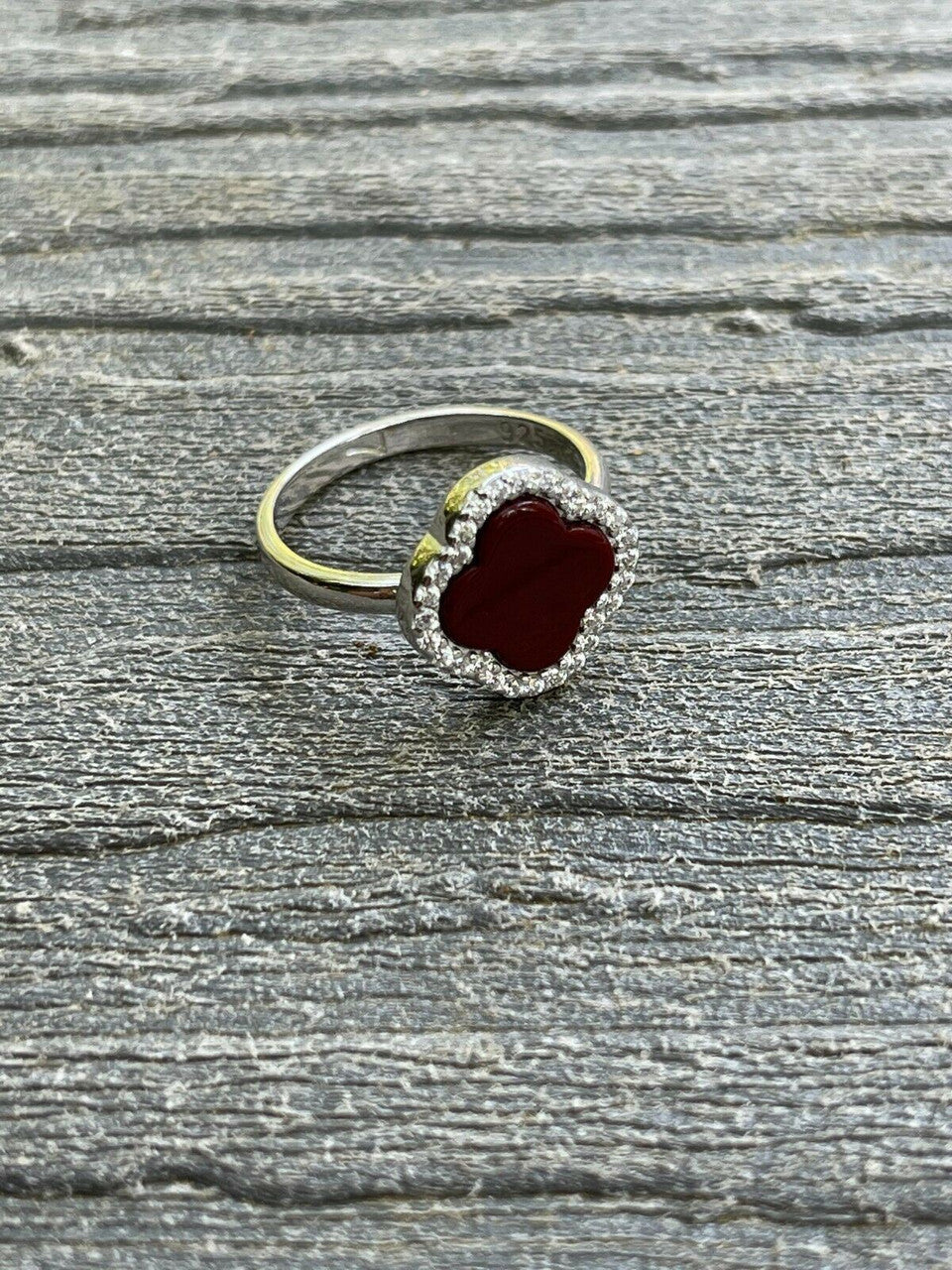 HarlemBling Real Solid 925 Sterling Silver Flower Clover Ring Red Agate W Diamonds Sz 5-10