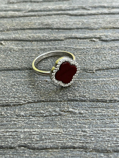 HarlemBling Real Solid 925 Sterling Silver Flower Clover Ring Red Agate W Diamonds Sz 5-10